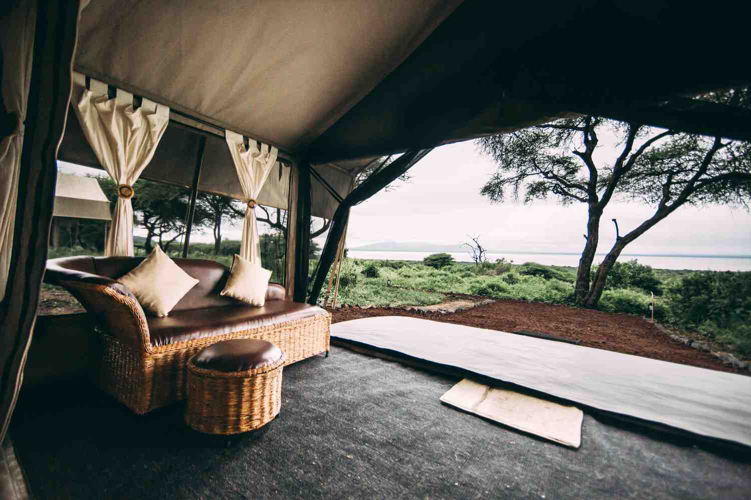Lake Manyara Tortilis Camp tent with private veranda and lake view